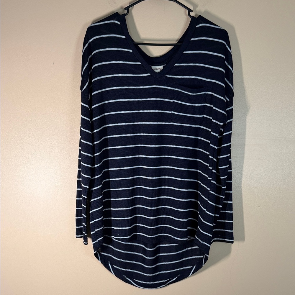 Merona Navy and White Striped V-Neck Long Sleeve Top